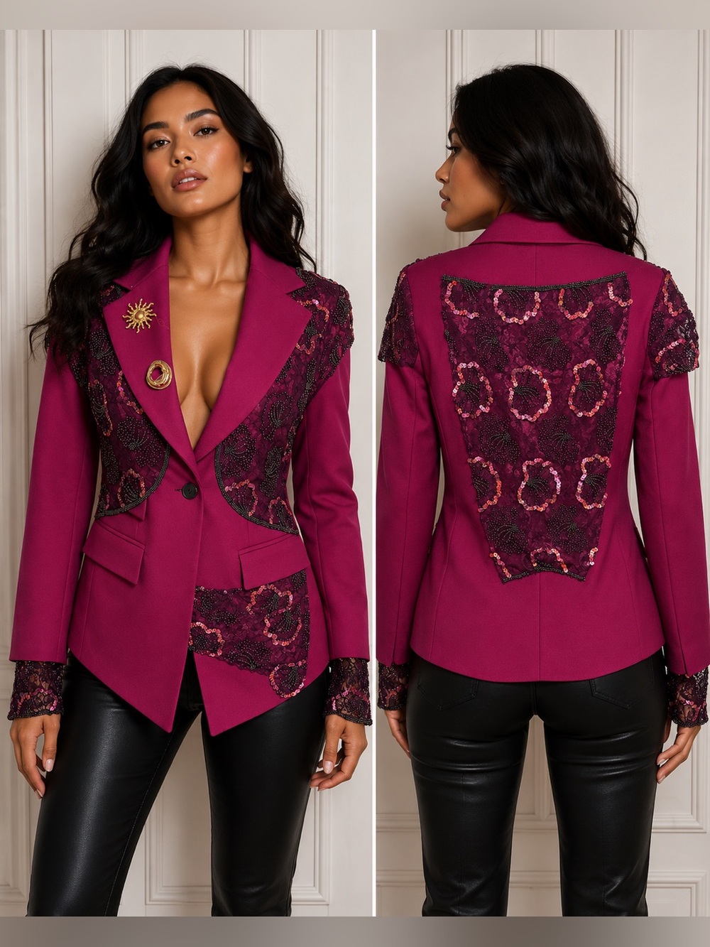 Upcycled burgundy Magenta high quality Embellished lace Blazer size S